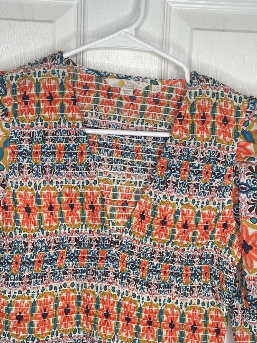 Boden Smocked Bodice Crop Top Multi Tapestry Stripe Ruffle Floral Vacation US 6 - Picture 7 of 15